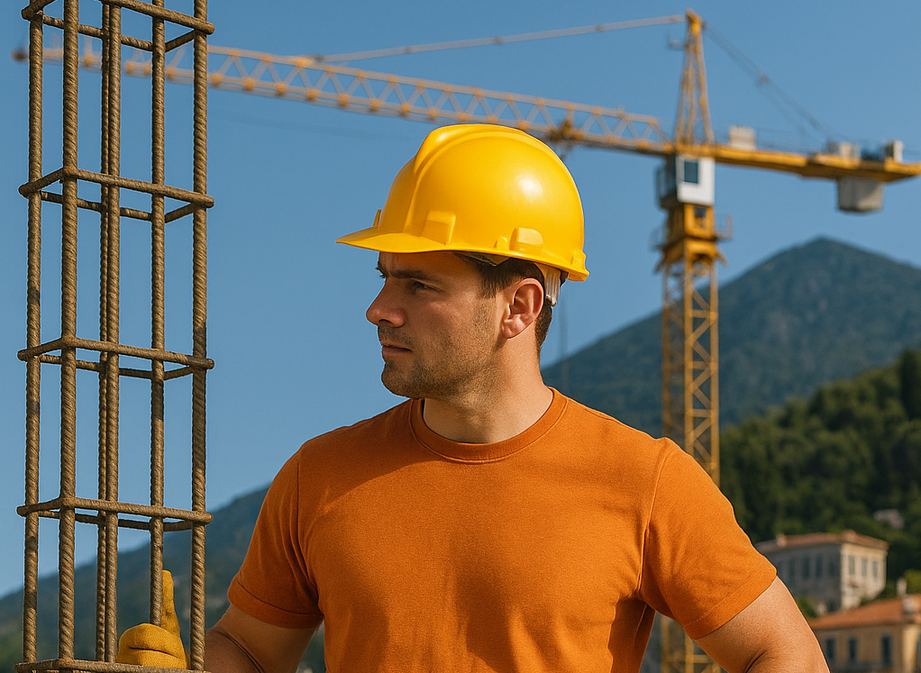 Ouvrier du bâtiment sur un chantier de construction à Menton avec grue et montagnes en arrière-plan