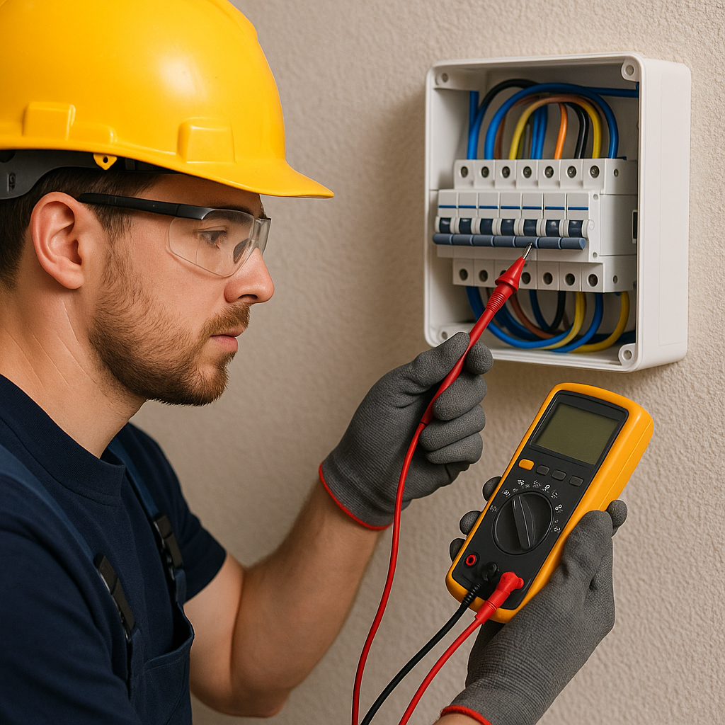 Électricien professionnel réalisant une installation électrique avec multimètre et ampoule à Menton 06500